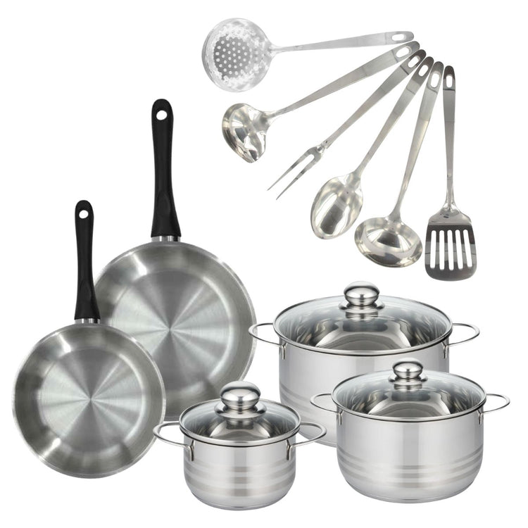 Batterie de cuisine avec 2 poêles 20/24 cm et 3 faitouts 16/20/24 cm avec 6 ustensiles de cuisine Fackelmann Généva Brillant Oxford