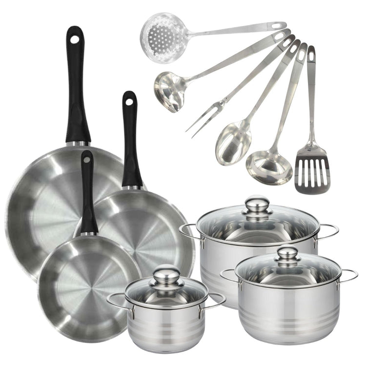 Batterie de cuisine avec 3 poêles 20/24/28 cm et 3 faitouts 16/20/24 cm avec 6 ustensiles de cuisine sans PFAS Fackelmann Généva Brillant Oxford
