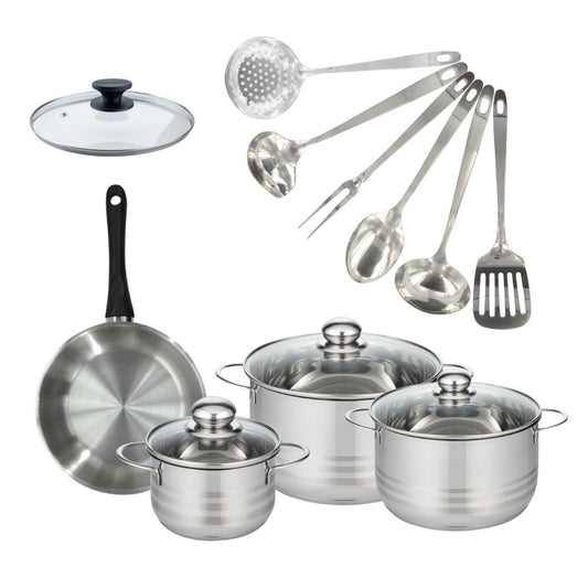 Batterie de cuisine avec 1 poêle 20 cm et 3 faitouts 16/20/24 cm avec 7 ustensiles de cuisine Fackelmann Généva Brillant Oxford avec couvercles
