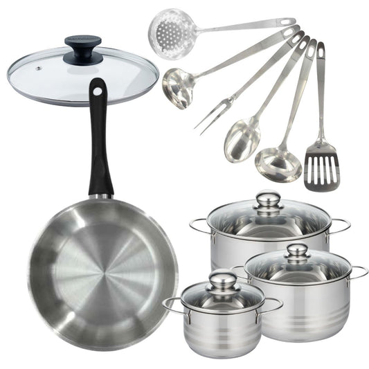 Batterie de cuisine avec 1 poêle 28 cm et 3 faitouts 16/20/24 cm et 7 ustensiles de cuisine Fackelmann Généva Brillant Oxford avec couvercles