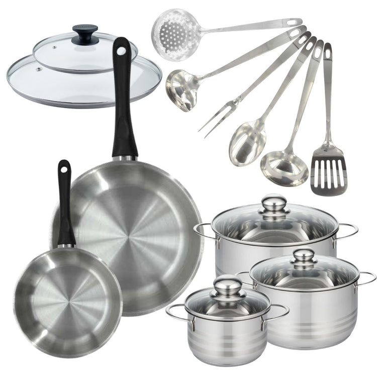 Batterie de cuisine 2 poêles 20/28 cm et couvercles, 3 faitouts 16/20/24 cm et 6 ustensiles Fackelmann Geneva