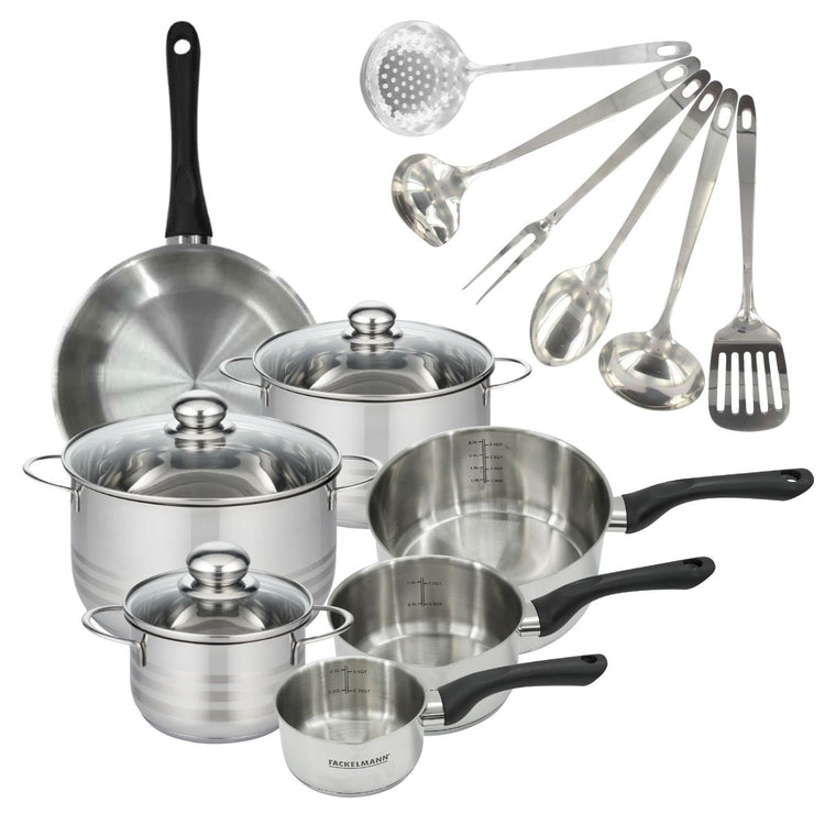 Batterie de cuisine 1 poêle 24 cm, 3 casseroles 12/16/20 cm, 3 faitouts 16/20/24 cm, 6 ustensiles Fackelmann Geneva