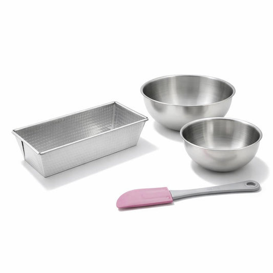 Set comprenant 1 Moule à cake en acier étamé, 1 spatule Zenker et 2 bols à mixer en inox Fackelmann