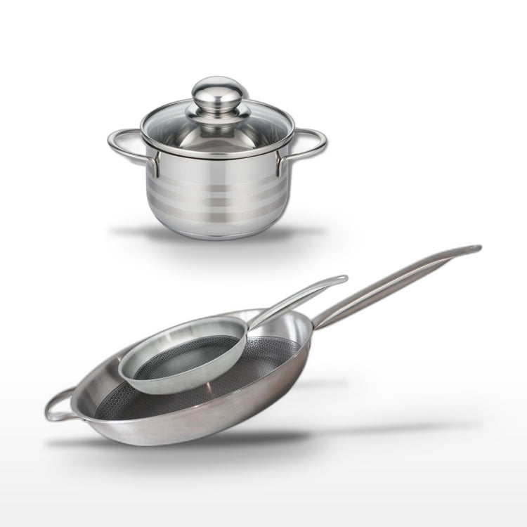 Batterie de cuisine avec 2 poêles de cuisson 24/32 cm et 1 faitout 12 cm en acier inoxydable sans PFAS Elo Collection Relief Solution Brillant