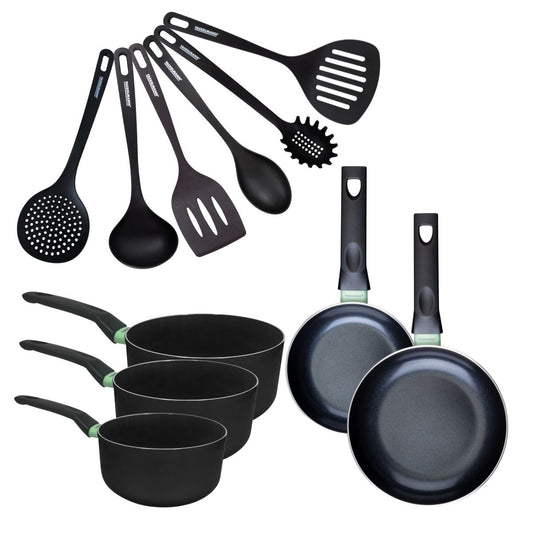 Set de 2 poêles 16 et 20 cm, 3 casseroles céramique 16, 18 et 20 cm et 6 ustensiles Fackelmann Brandao