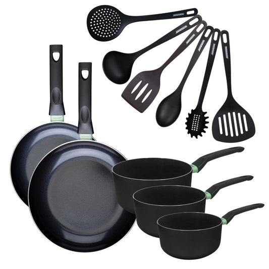Set de 2 poêles 24 et 28 cm et 3 casseroles 16, 18 et 20 cm céramique et 6 ustensiles Fackelmann Brandao