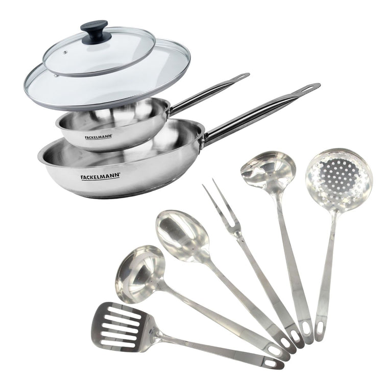 Set de 2 poêles 20 et 28 cm en inox, 2 couvercles verre et 6 ustensiles inox Fackelmann Eterna