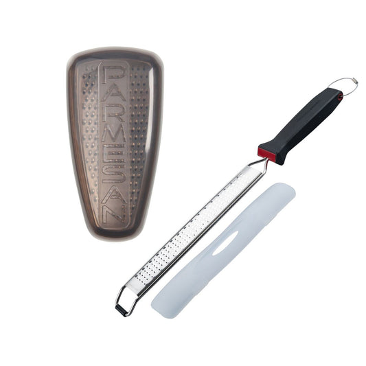 Duo Râpe à zeste longue à gros grain avec couvercle de protection 42 cm et Râpe à parmesan et sa boîte de rangement 19 cm FM Professional Gourmet