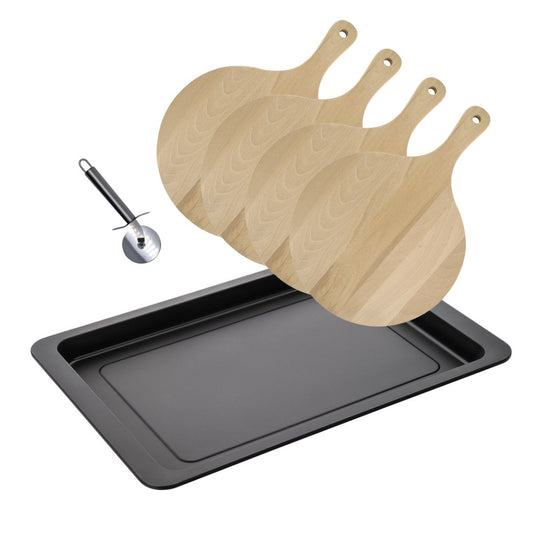 Ensemble pour pizza avec une plaque de cuisson four, 4 planches à pizza rondes et une roulette à pizza Fackelmann