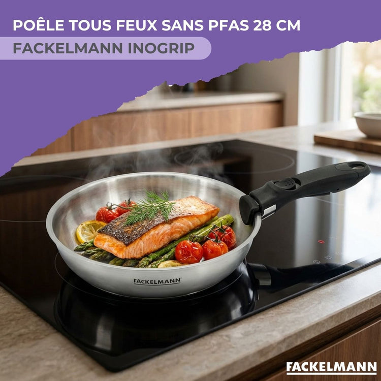 Poêle 28 cm en inox manche amovible Fackelmann InoGrip