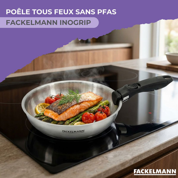 Poêle de cuisson 28 cm en inox avec manche amovible Fackelmann InoGrip et accessoires