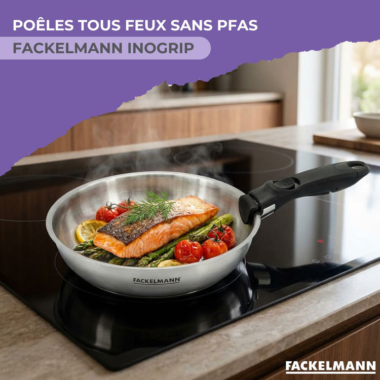 Lot de 3 poêles en inox 20 24 et 28 cm avec manche amovible Fackelmann InoGrip