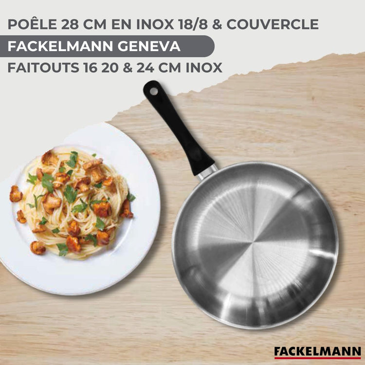 Batterie de cuisine avec 3 faitouts 16/20/24 cm et 1 poêle 28 cm sans PFAS et 6 ustensiles de cuisine Fackelmann Généva Brillant Vario avec couvercles