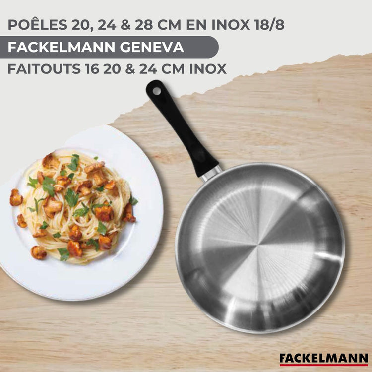 Batterie de cuisine Généva Brillant Vario avec 3 faitouts et 3 poêles avec couvercles et 8 ustensiles Fackelmann Généva Brillant Vario avec couvercles