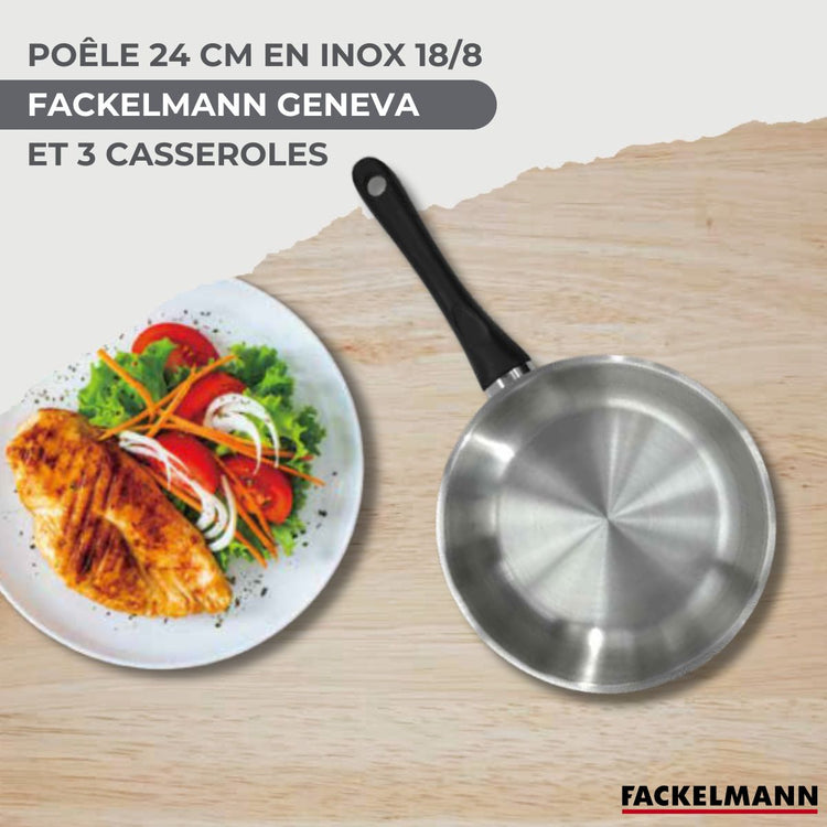 Batterie de cuisine avec 3 casseroles 12/16/20 cm et 1 poêle 24 cm avec 5 ustensiles de cuisine sans PFAS Fackelmann Généva Vario