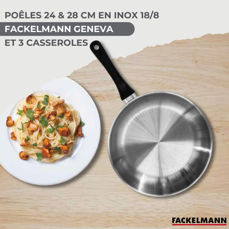 Lot de 2 Poêles Inox 24/28 cm et 3 Casseroles 12/16/20 cm Fackelmann Geneva avec 5 ustensiles