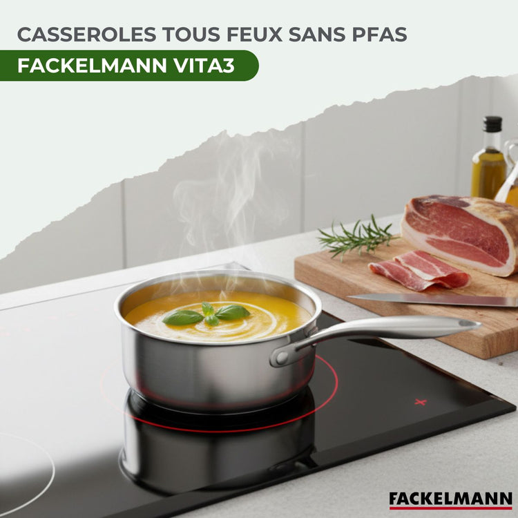 Batterie de cuisine avec 2 casseroles 14 et 18 cm en inox sans PFAS Fackelmann Vita3