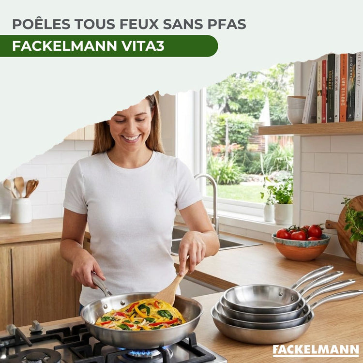 3 poêles 20 24 et 26 cm inox 18/10 Triply Fackelmann Vita3