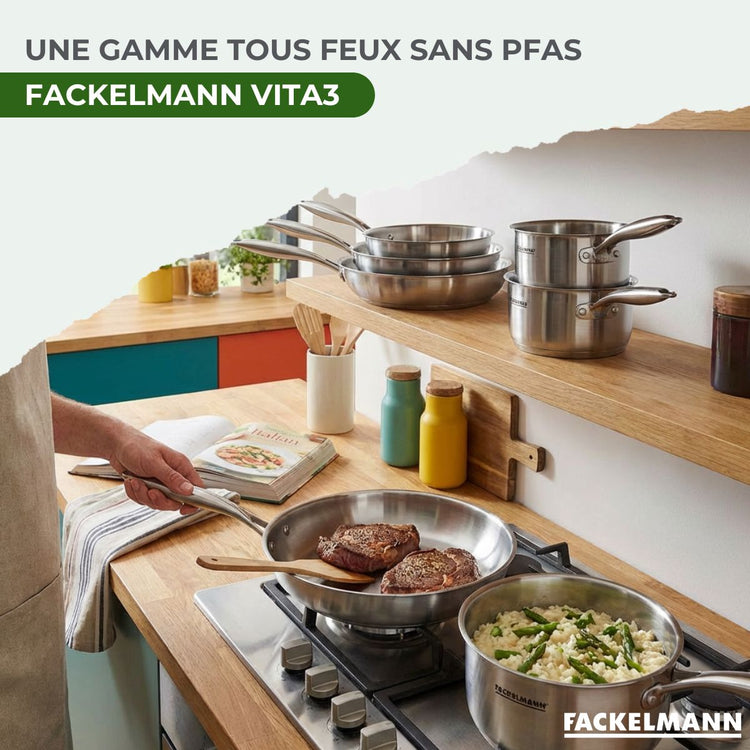 Batterie de cuisine avec 4 poêles 20/24/26/28 cm et 2 casseroles 14/18 cm avec 1 couvercle de cuisson universel sans PFAS Fackelmann Vita3