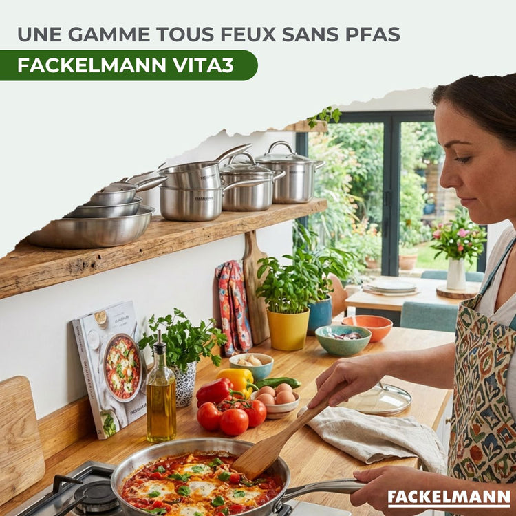 4 poêles à Frire 20 24 26 et 28 cm, Casseroles 14 et 18 cm inox 18/10, Faitouts 20 et 24 cm inox 18/10 Triply, Couvercle Fackelmann Vita3