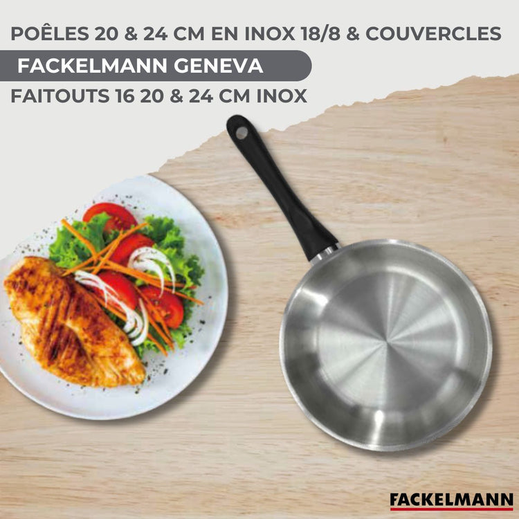 Batterie de cuisine avec 2 poêles 20/24 cm et 3 faitouts 16/20/24 cm sans PFAS Fackelmann Généva Brillant avec couvercles