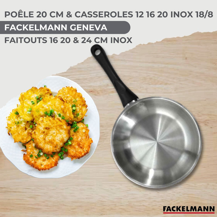 Batterie de cuisine avec 1 poêle 20 cm 3 casseroles 12/16/20 cm et 3 faitouts 16/20/24 cm en inox sans PFAS Fackelmann Généva Brillant