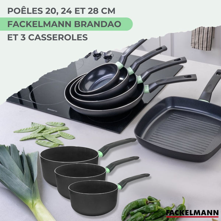 Ensemble de 3 poêles de 20, 24 et 28 cm et 3 casseroles 16, 18 et 20 cm Fackelmann Brandao