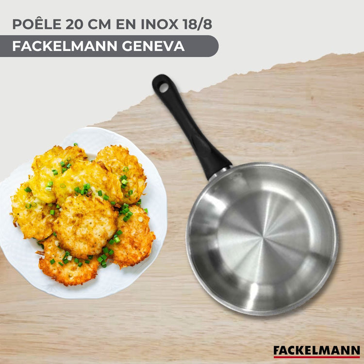 Set poêle 20 cm en inox, couvercle verre et 6 ustensiles inox Fackelmann Geneva