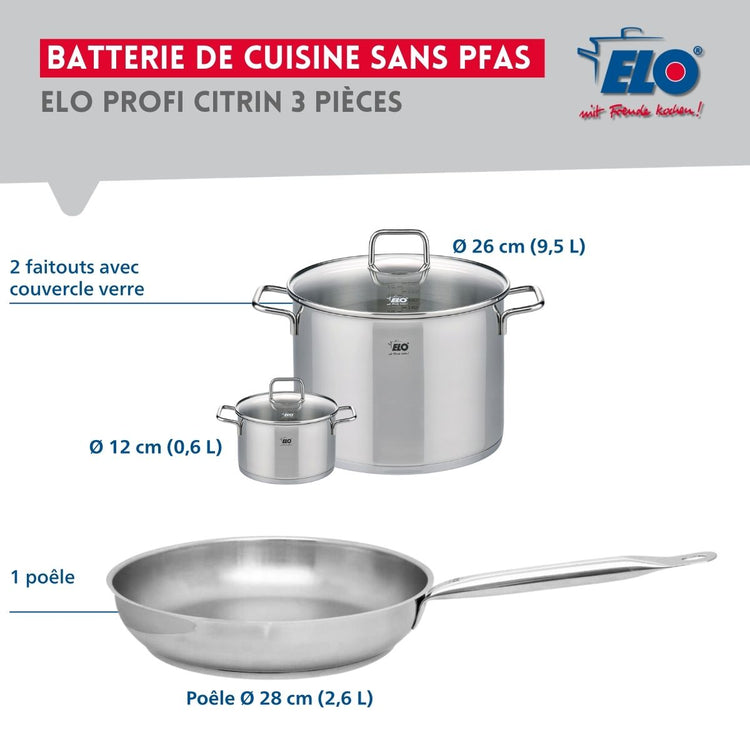 Ensemble de 1 Poêle de cuisson 28 cm et 2 faitouts 12 et 26 cm Elo Profi Citrin