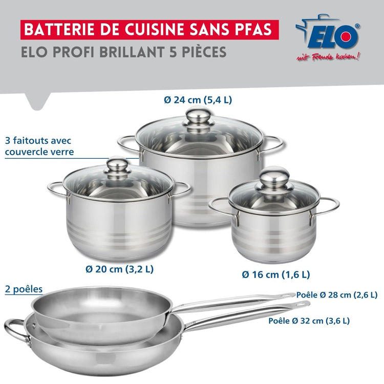 Ensemble de 2 Poêles de cuisson 28 et 32 cm et 3 faitouts 16, 20 et 24 cm Elo Profi Brillant