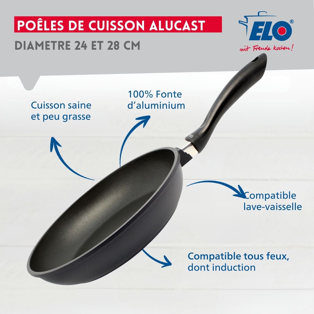 Lot de 2 poêles à frire en fonte d'aluminium 24 cm et 28 cm Elo Alucast