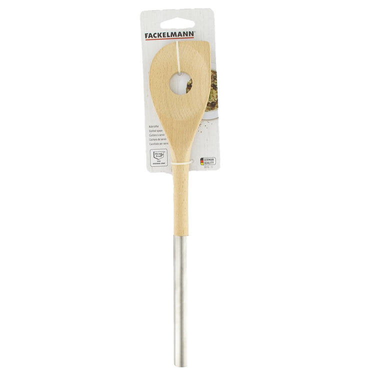 Cuillère en bois biseautée avec un trou manche inox 34 cm Fackelmann Boissellerie