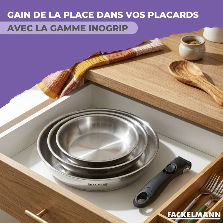 Lot de 1 poêle 24 cm en inox et 1 manche amovible Fackelmann InoGrip