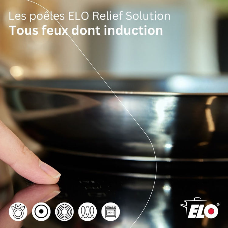 Lot de 3 poêles de cuisson 24/28/32 cm en acier inoxydable avec 4 couvercles Elo Relief Solution avec couvercles