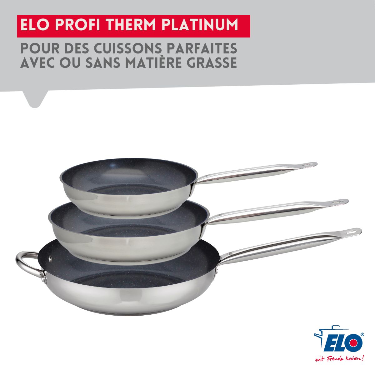 Set de 3 Poêles de cuisson avec revêtement céramique sans PFAS 24 cm, 28 cm et 32 cm Profi Therm Platinum Elo