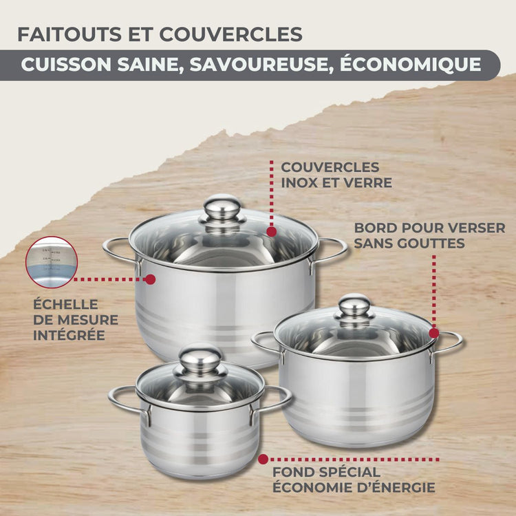 Batterie de cuisine avec 3 faitouts 16/20/24 cm et 1 poêle 28 cm avec 5 ustensiles de cuisine Fackelmann Généva Brillant Vario