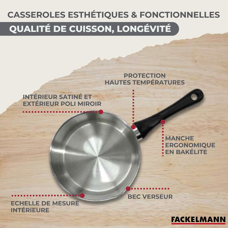 Lot de 2 Poêles Inox 24/28 cm et 3 Casseroles 12/16/20 cm Fackelmann Geneva avec 5 ustensiles