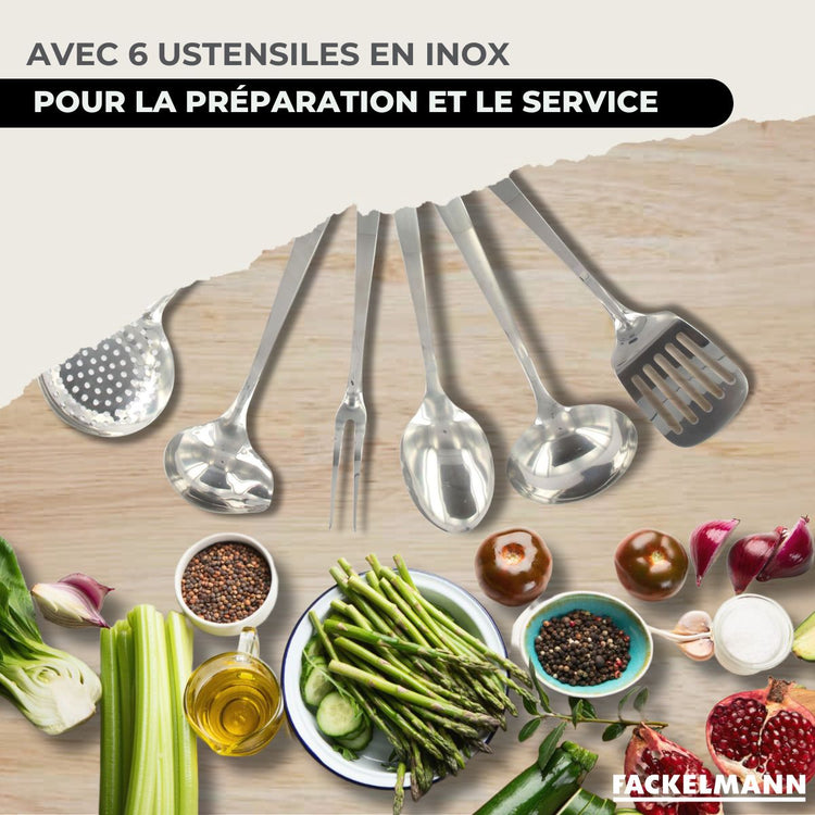 Batterie de cuisine avec 2 poêles 24/28 cm et 3 faitouts 20/24/16 cm avec 6 ustensiles de cuisine Fackelmann Etherna Brillant Oxford